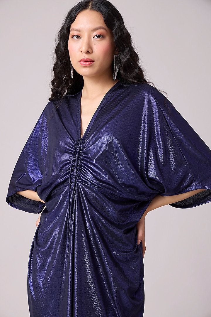 Blue Polyester Kaftan Style Draped Midi Summer Dress by Scarlet Sage at Pernia's Pop Up Shop