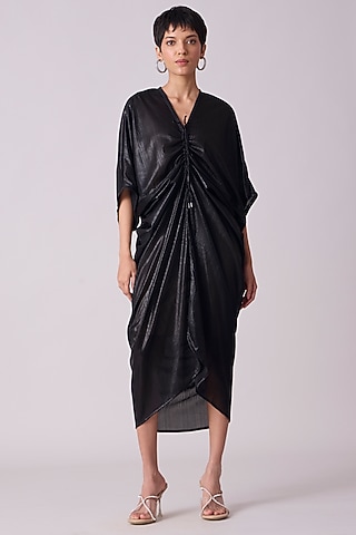 Black Polyester Kaftan Style Draped Midi Dress by Scarlet Sage