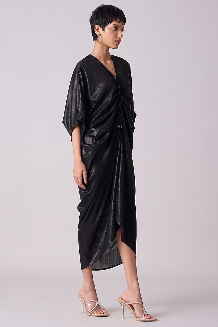 Black Polyester Kaftan Style Draped Midi Summer Dress by Scarlet Sage at Pernia's Pop Up Shop