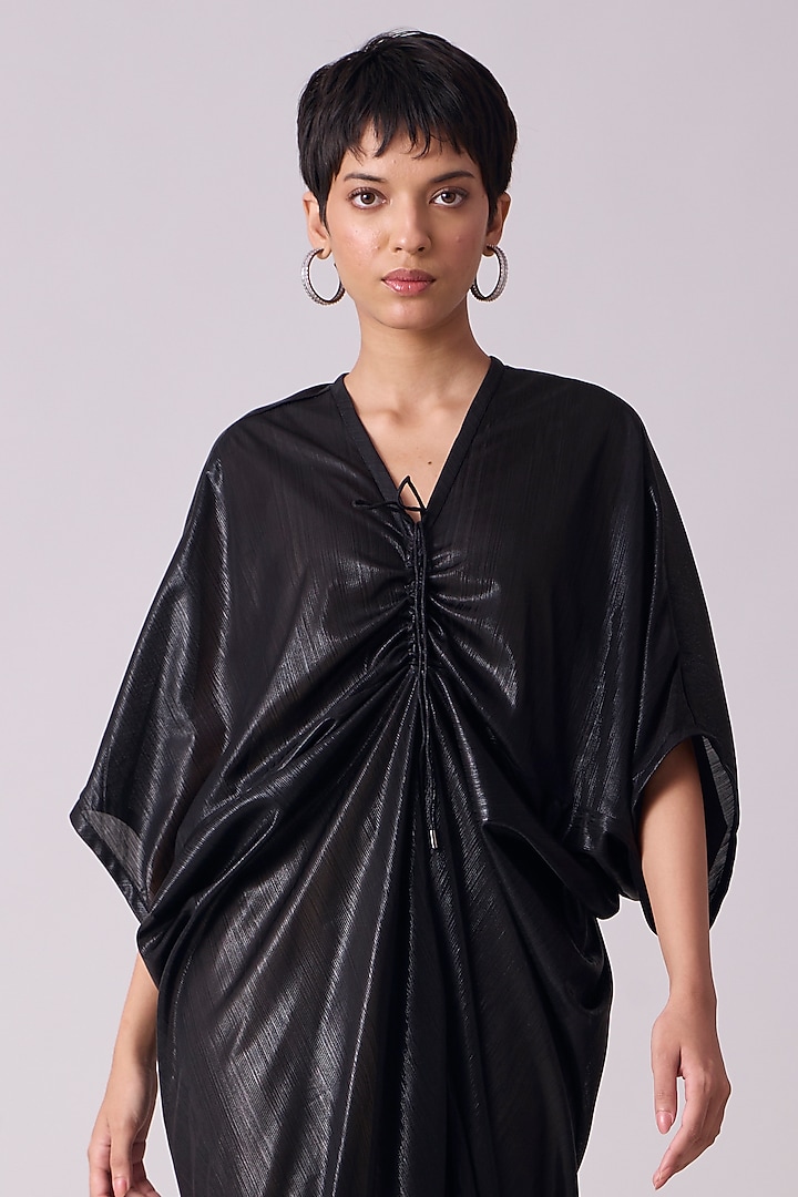 Black Polyester Kaftan Style Draped Midi Summer Dress by Scarlet Sage at Pernia's Pop Up Shop