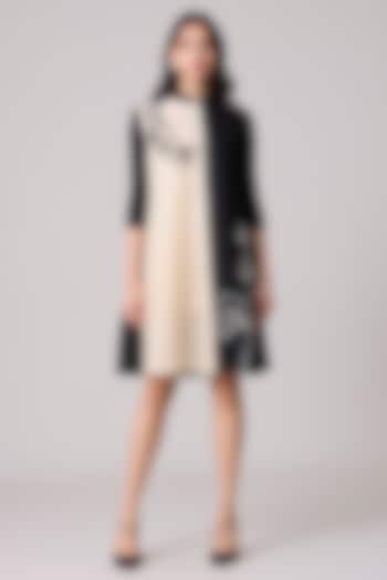 Black & Sand Polyester Embellished Pleated Mini Summer Dress by Scarlet Sage at Pernia's Pop Up Shop