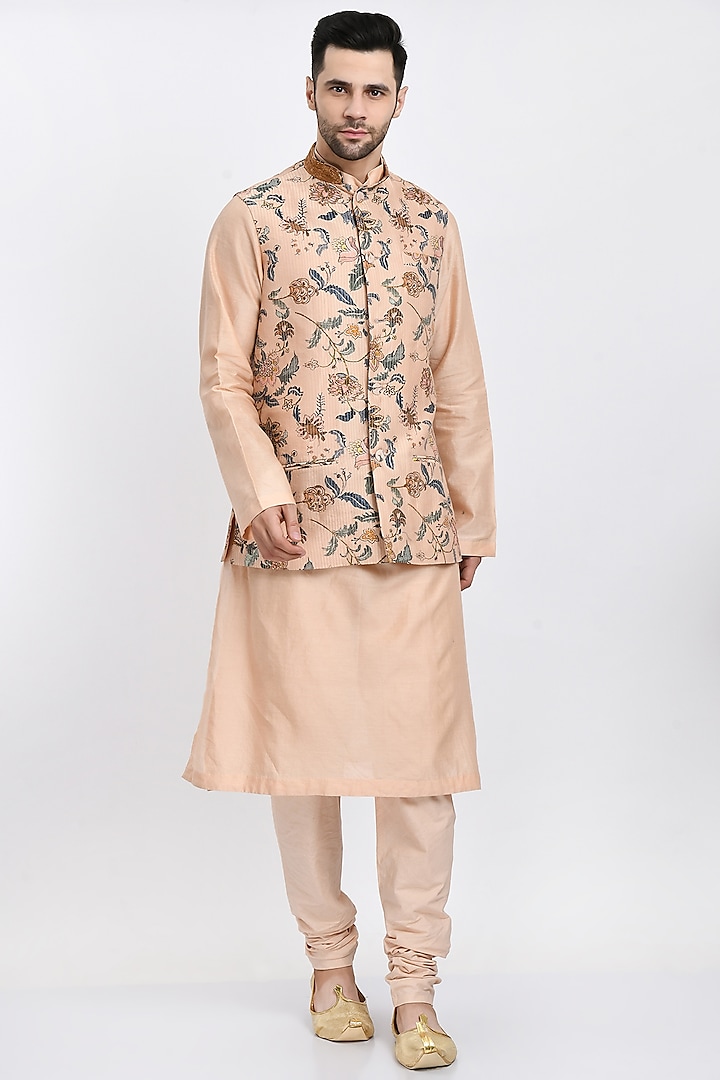 Peach Printed Bundi Jacket With Kurta Set by Samant Chauhan Men