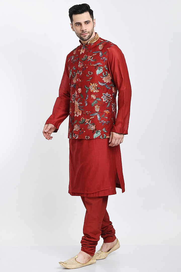 Red Printed Bundi Jacket With Kurta Set by Samant Chauhan Men