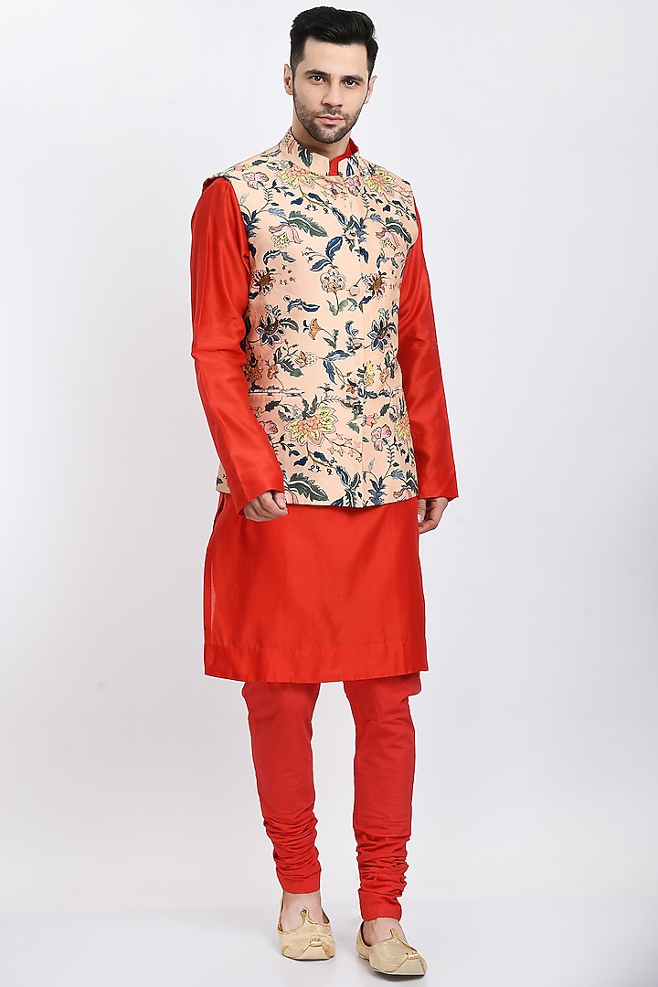 Red Printed Bundi Jacket With Kurta Set by Samant Chauhan Men