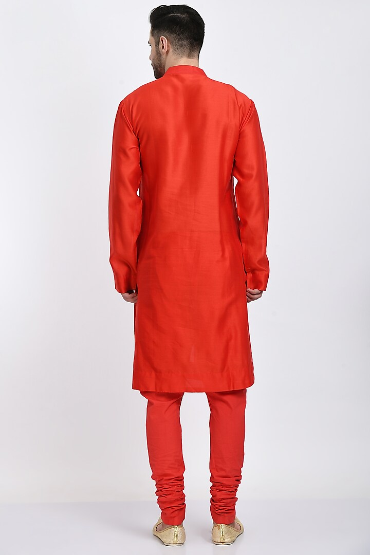 Red Cotton Silk Kurta Set by Samant Chauhan Men