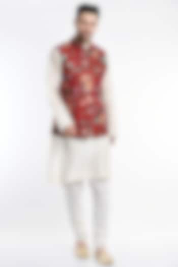 Ivory Printed Bundi Jacket With Kurta Set by Samant Chauhan Men