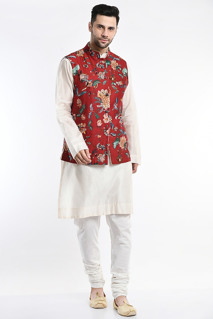 Ivory Printed Bundi Jacket With Kurta Set by Samant Chauhan Men