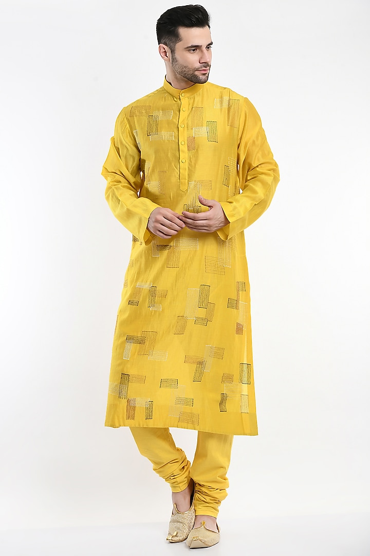 Yellow Embroidered Kurta Set by Samant Chauhan Men