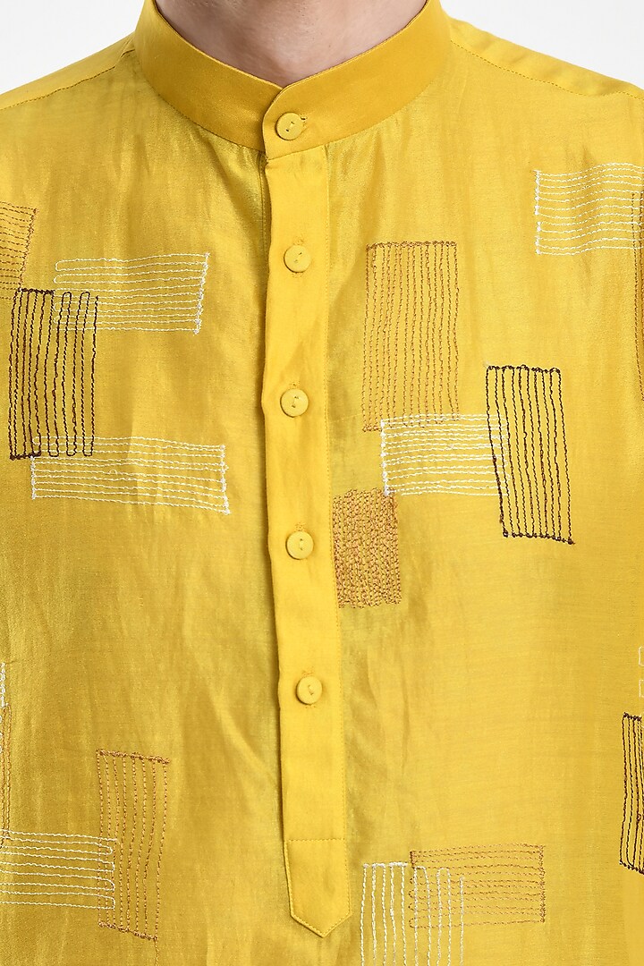 Yellow Embroidered Kurta Set by Samant Chauhan Men