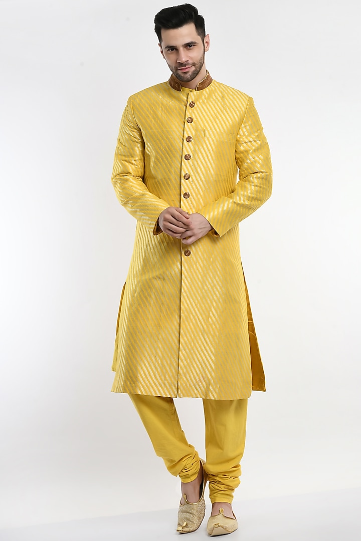 Yellow Cotton Silk Sherwani Set by Samant Chauhan Men