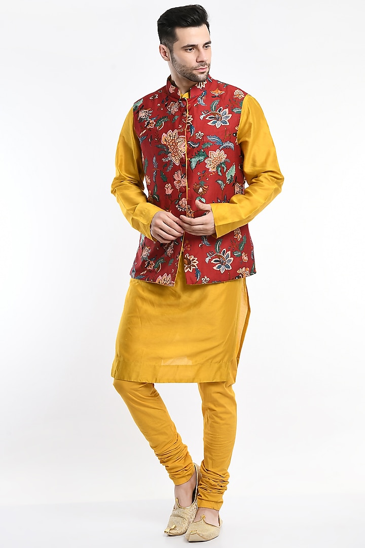 Yellow Printed Bundi Jacket With Kurta Set by Samant Chauhan Men