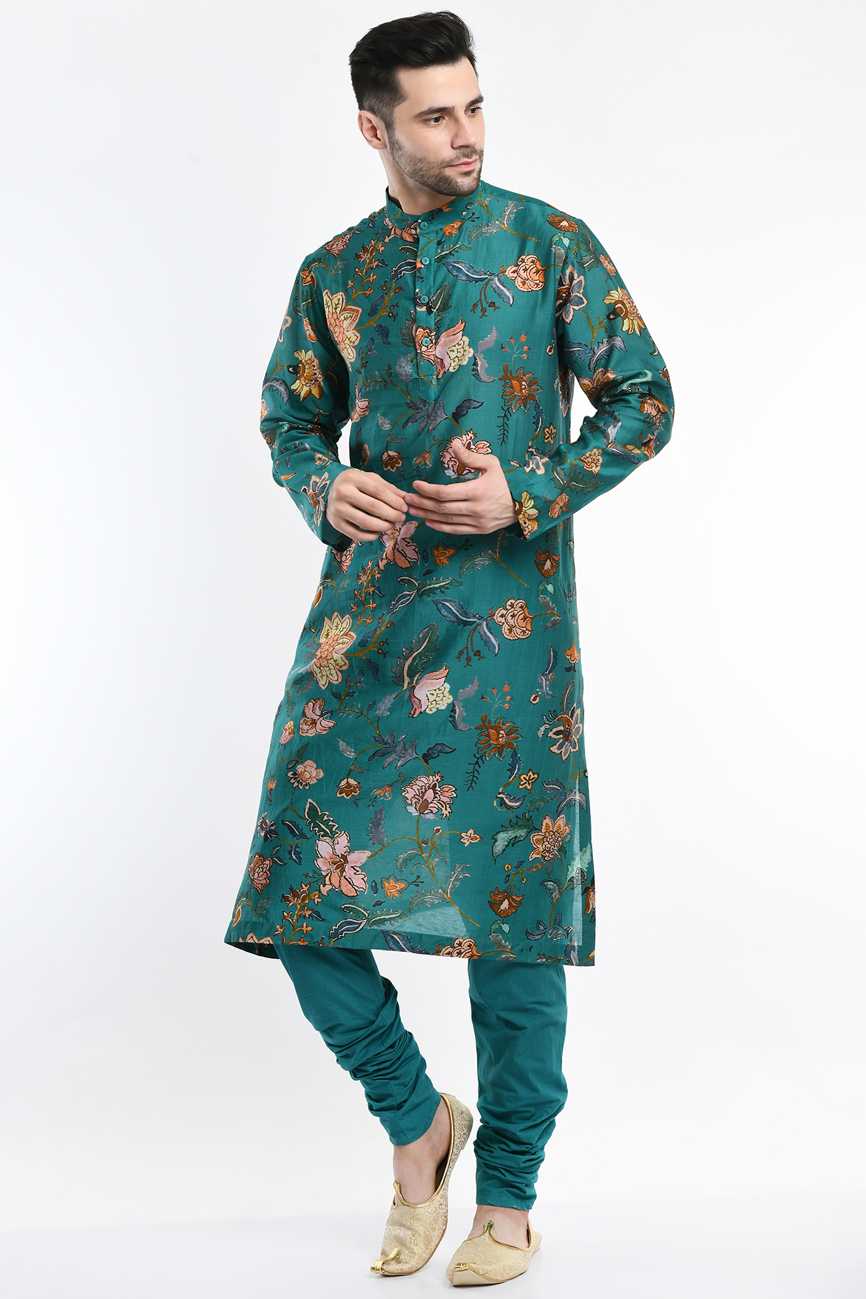 Green Printed Bundi Jacket With Printed Kurta Set by Samant Chauhan Men