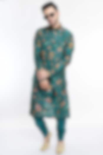 Green Printed Bundi Jacket With Printed Kurta Set by Samant Chauhan Men