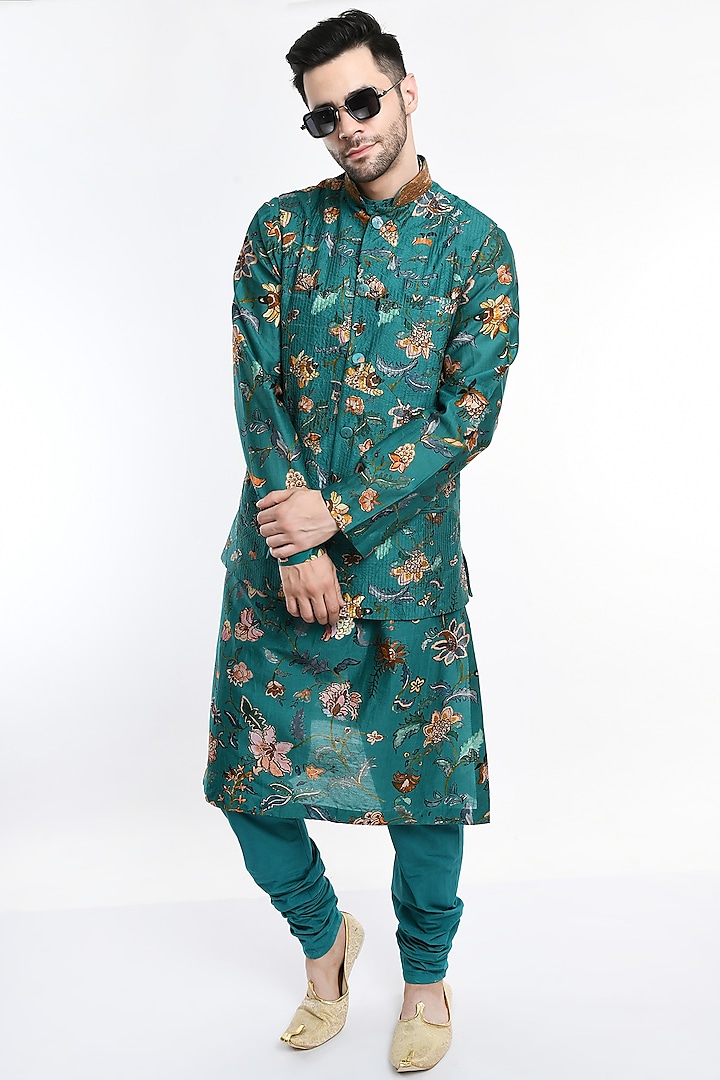 Green Printed Bundi Jacket With Printed Kurta Set by Samant Chauhan Men