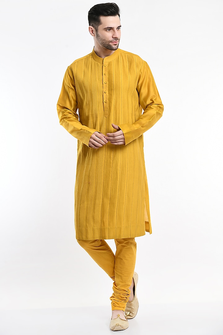 Mustard Embroidered Kurta Set by Samant Chauhan Men