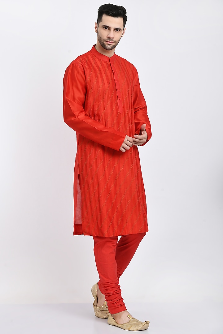 Red Cotton Silk Kurta Set by Samant Chauhan Men at Pernia's Pop Up Shop