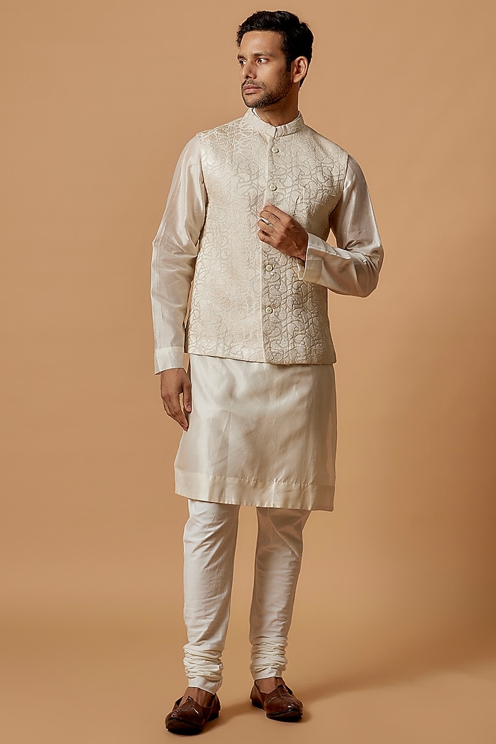White Cotton Silk Nehru Jacket by Samant Chauhan Men