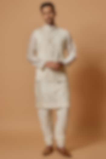 White Cotton Silk Pintucked & Printed Nehru Jacket Set by Samant Chauhan Men