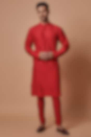 Red Cotton Silk Kurta Set by Samant Chauhan Men