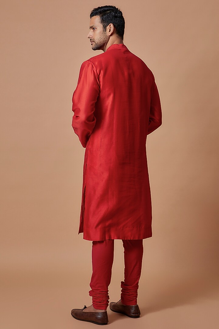 Red Cotton Silk Kurta Set by Samant Chauhan Men at Pernia's Pop Up Shop