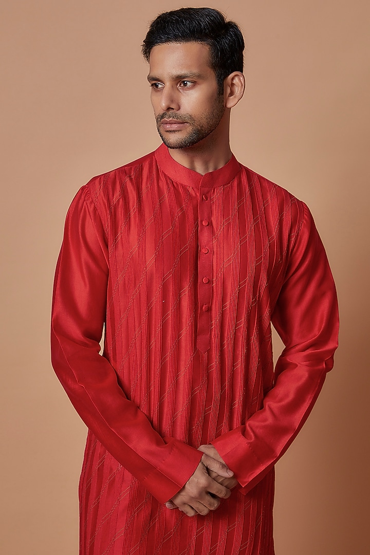 Red Cotton Silk Kurta Set by Samant Chauhan Men at Pernia's Pop Up Shop