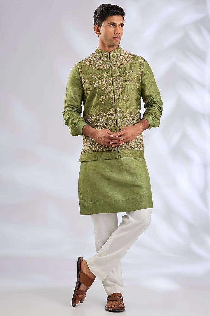Olive Green & Baby Pink Silk Bundi Jacket Set by Samant Chauhan Men at Pernia's Pop Up Shop