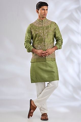 Olive Green & Baby Pink Silk Bundi Jacket Set by Samant Chauhan Men