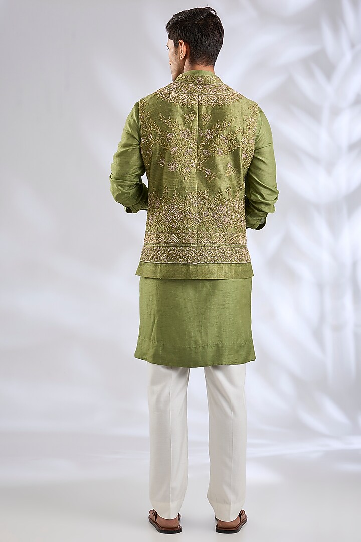 Olive Green & Baby Pink Silk Bundi Jacket Set by Samant Chauhan Men at Pernia's Pop Up Shop