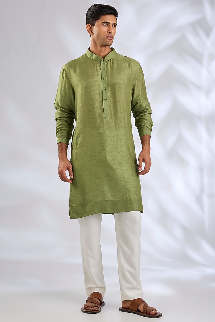 Olive Green & Baby Pink Silk Bundi Jacket Set by Samant Chauhan Men at Pernia's Pop Up Shop