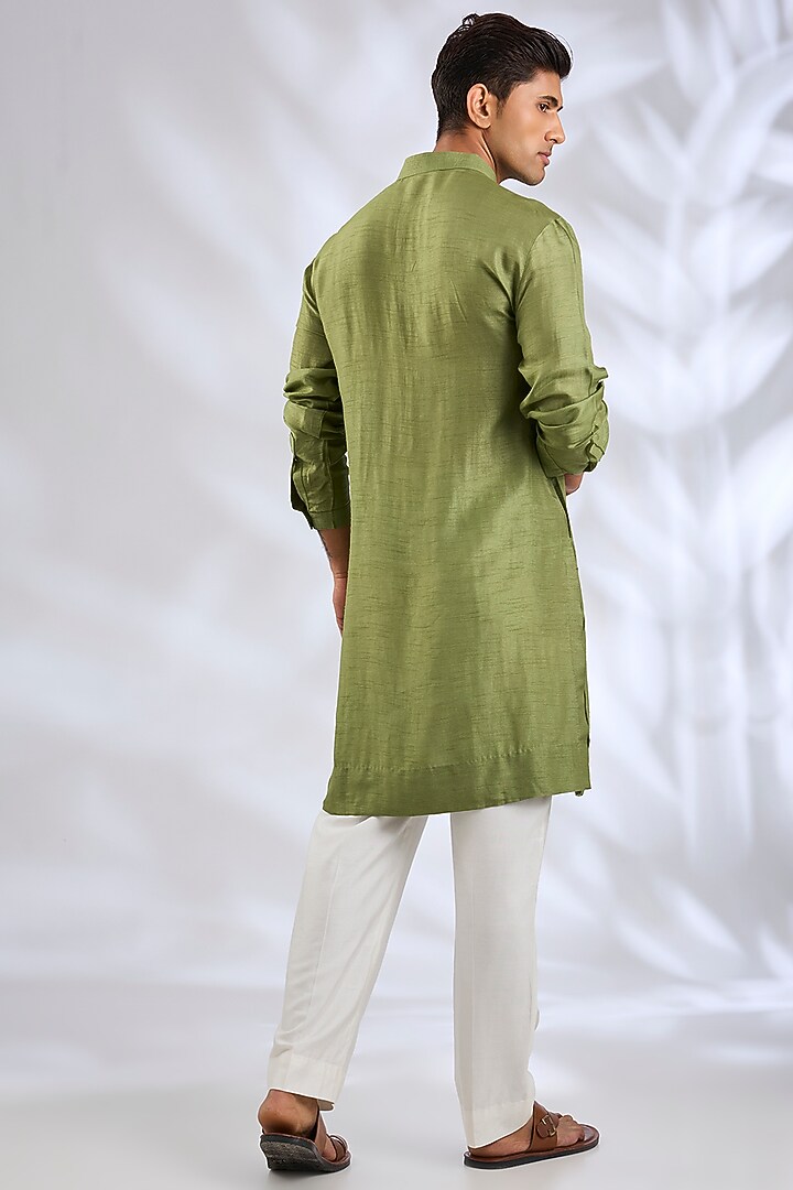 Olive Green & Baby Pink Silk Bundi Jacket Set by Samant Chauhan Men at Pernia's Pop Up Shop