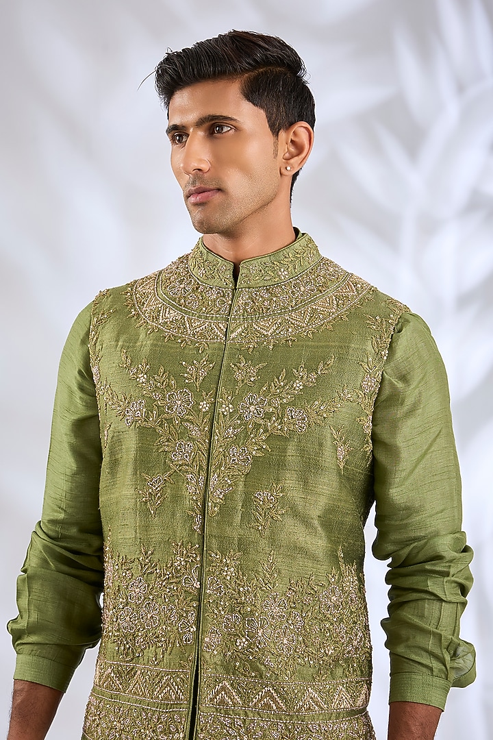 Olive Green & Baby Pink Silk Bundi Jacket Set by Samant Chauhan Men at Pernia's Pop Up Shop