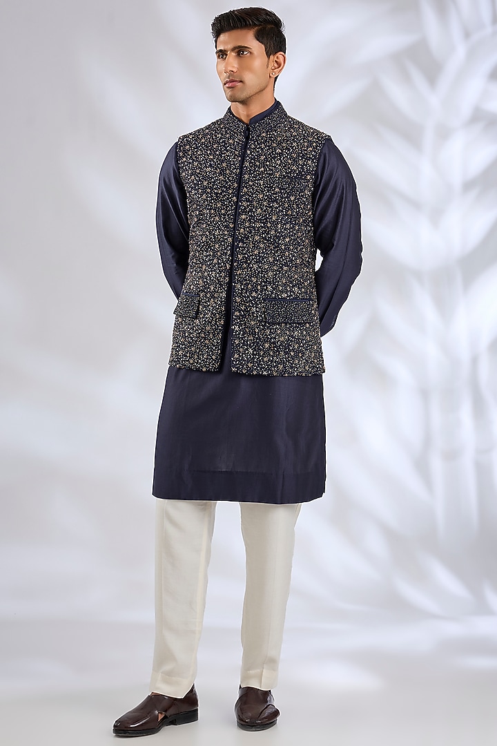 Blue Silk Bundi Jacket Set by Samant Chauhan Men at Pernia's Pop Up Shop