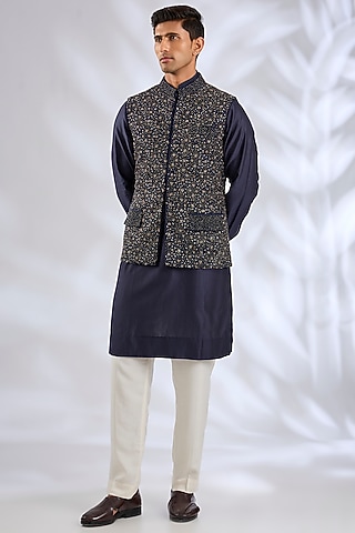 Blue Silk Bundi Jacket Set by Samant Chauhan Men