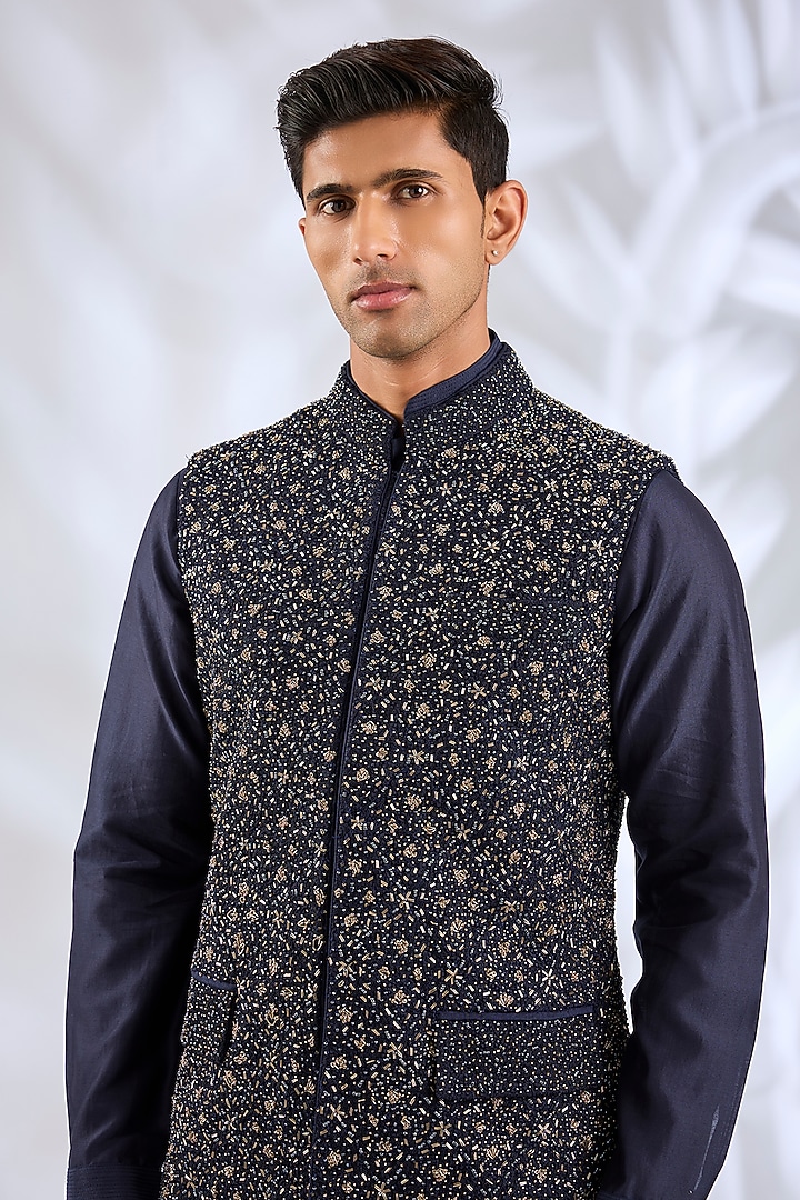 Blue Silk Bundi Jacket Set by Samant Chauhan Men at Pernia's Pop Up Shop