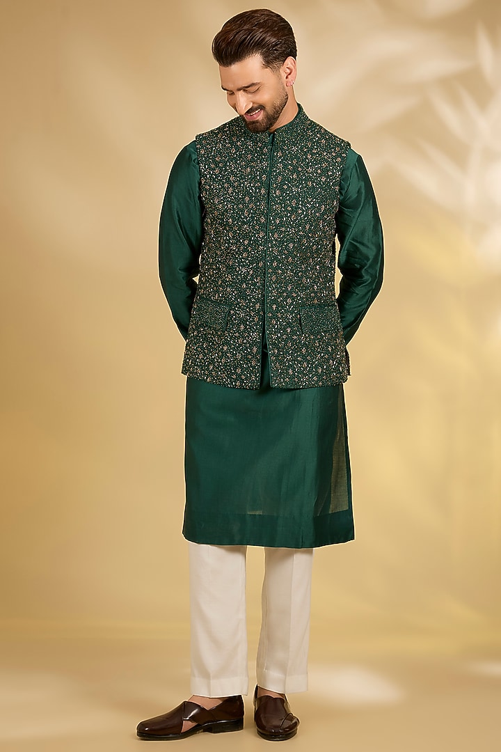 Emerald Green Silk Nehru Jacket Set by Samant Chauhan Men at Pernia's Pop Up Shop