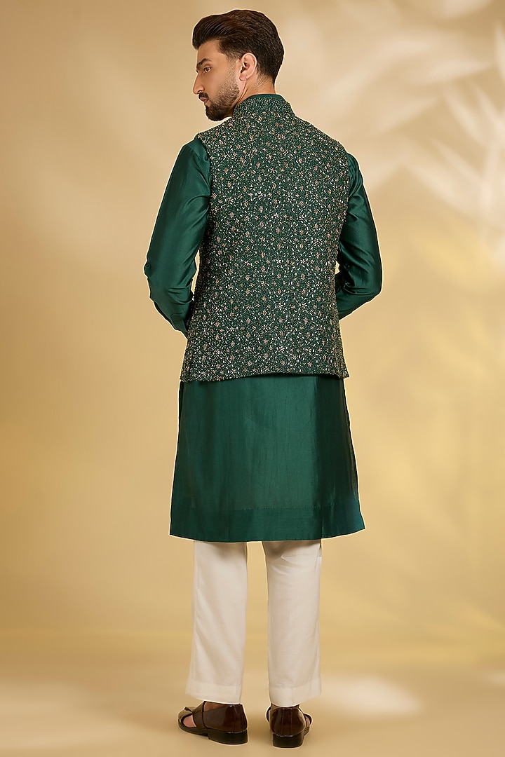 Emerald Green Silk Nehru Jacket Set by Samant Chauhan Men at Pernia's Pop Up Shop