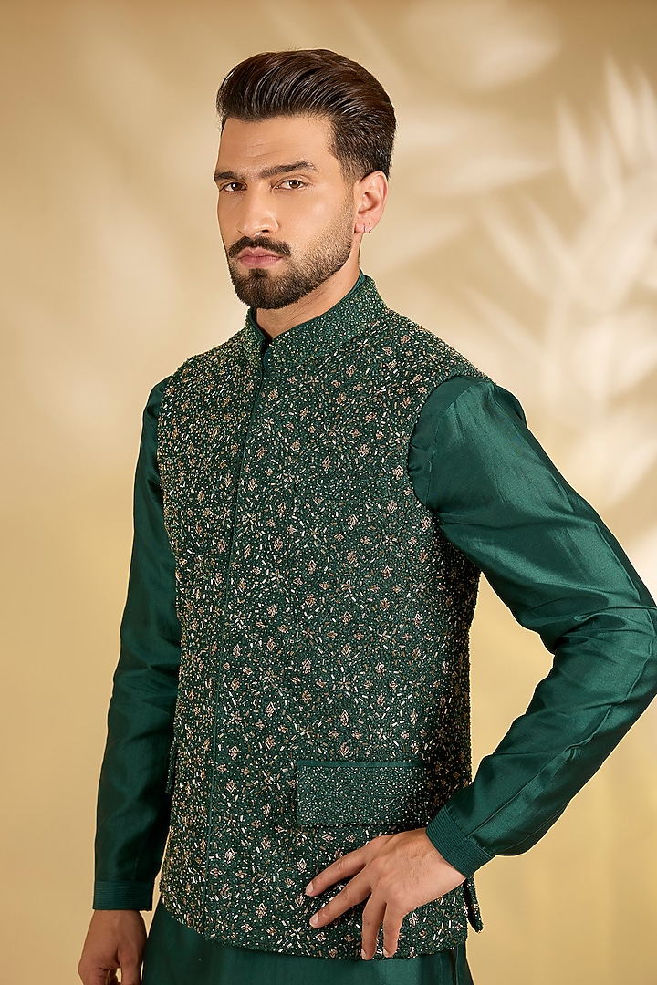 Emerald Green Silk Nehru Jacket Set by Samant Chauhan Men at Pernia's Pop Up Shop