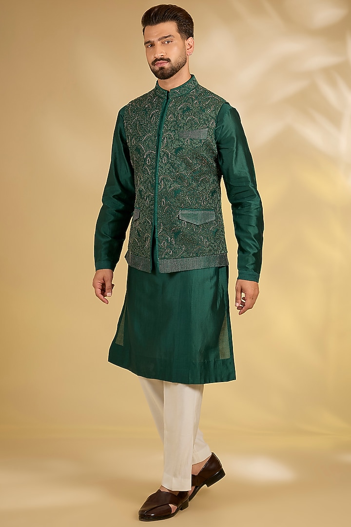 Emerald Green Silk Nehru Jacket Set by Samant Chauhan Men at Pernia's Pop Up Shop