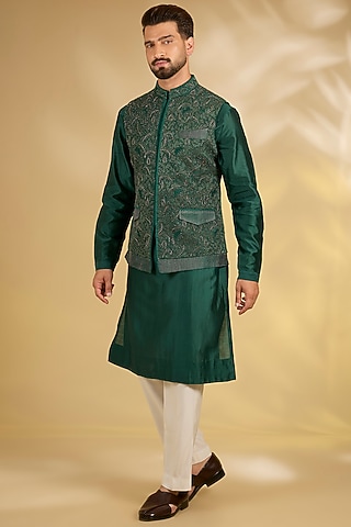 Emerald Green Silk Nehru Jacket Set by Samant Chauhan Men