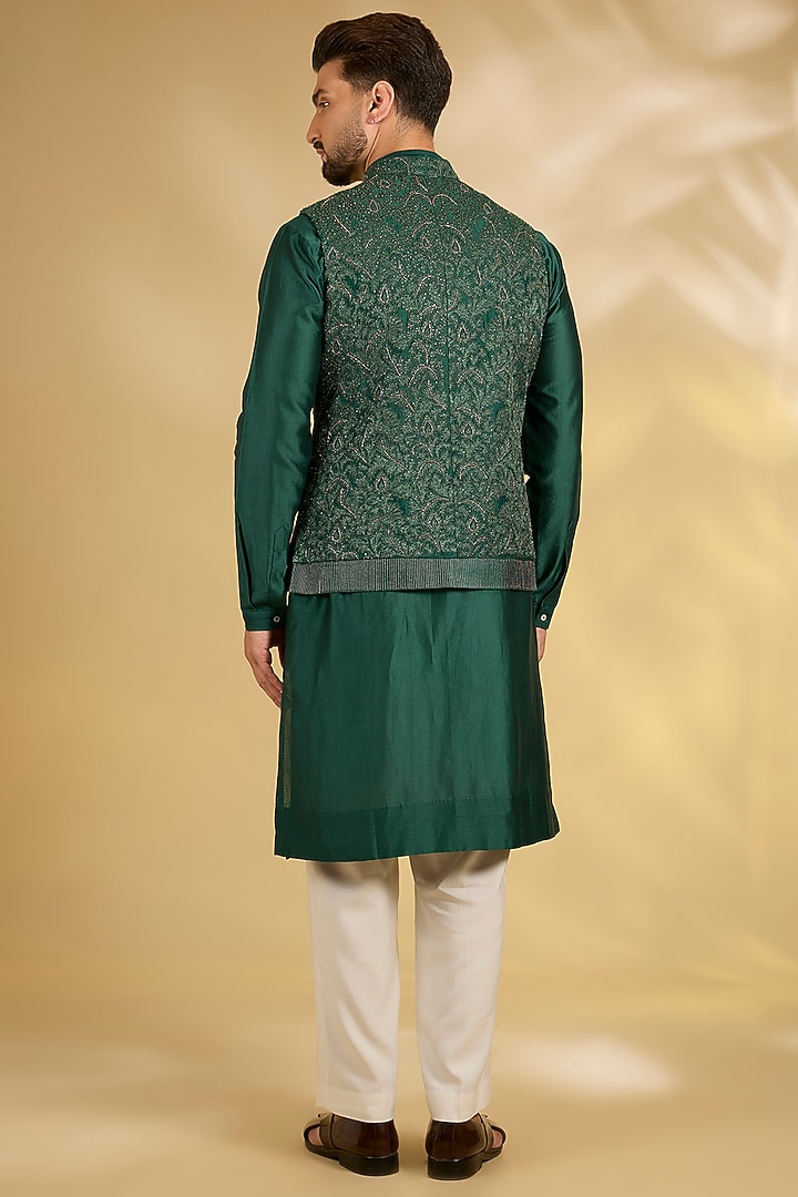 Emerald Green Silk Nehru Jacket Set by Samant Chauhan Men at Pernia's Pop Up Shop