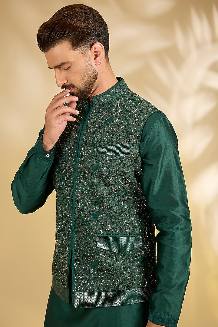 Emerald Green Silk Nehru Jacket Set by Samant Chauhan Men at Pernia's Pop Up Shop