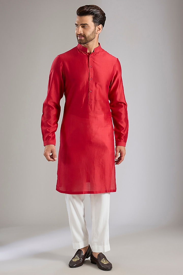 Red Silk Bundi Jacket Set by Samant Chauhan Men at Pernia's Pop Up Shop