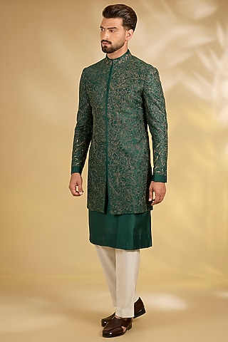 Emerald Green Silk Indowestern Set by Samant Chauhan Men