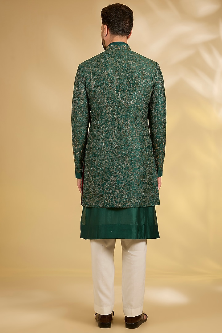 Emerald Green Silk Groom Indowestern Set by Samant Chauhan Men at Pernia's Pop Up Shop