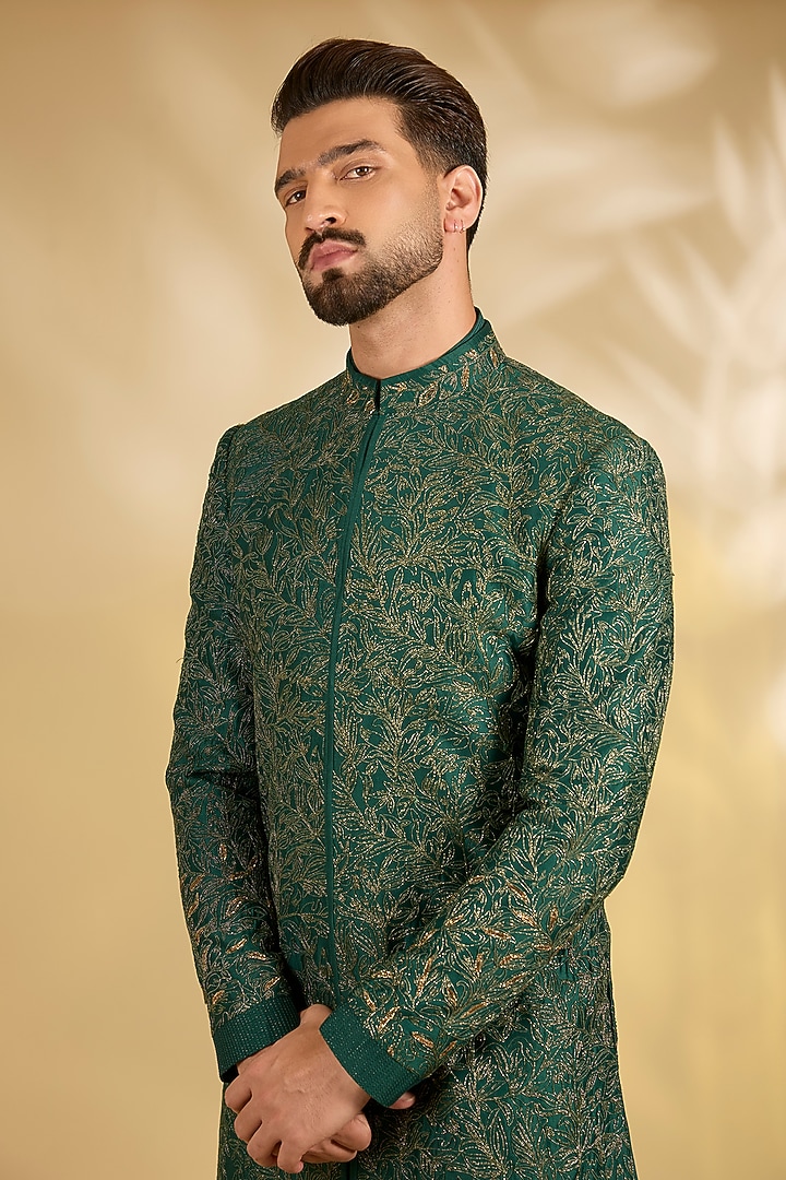 Emerald Green Silk Groom Indowestern Set by Samant Chauhan Men at Pernia's Pop Up Shop