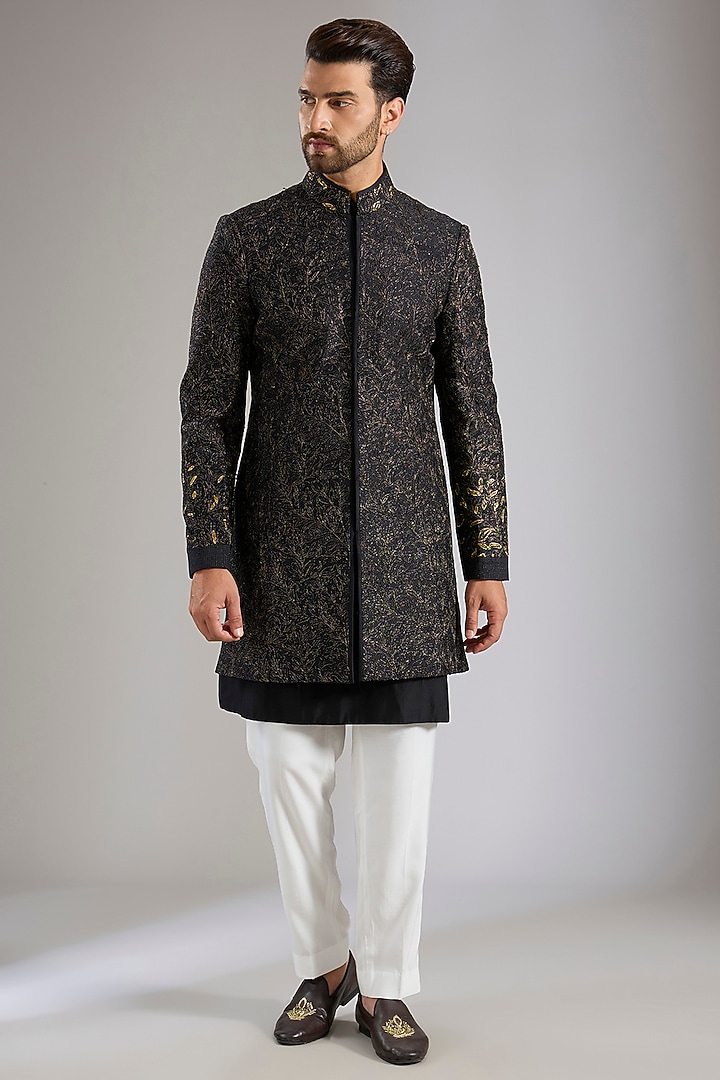 Black Silk Groom Indowestern Set by Samant Chauhan Men at Pernia's Pop Up Shop