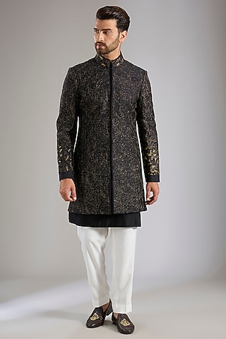 Black Silk Indowestern Set by Samant Chauhan Men