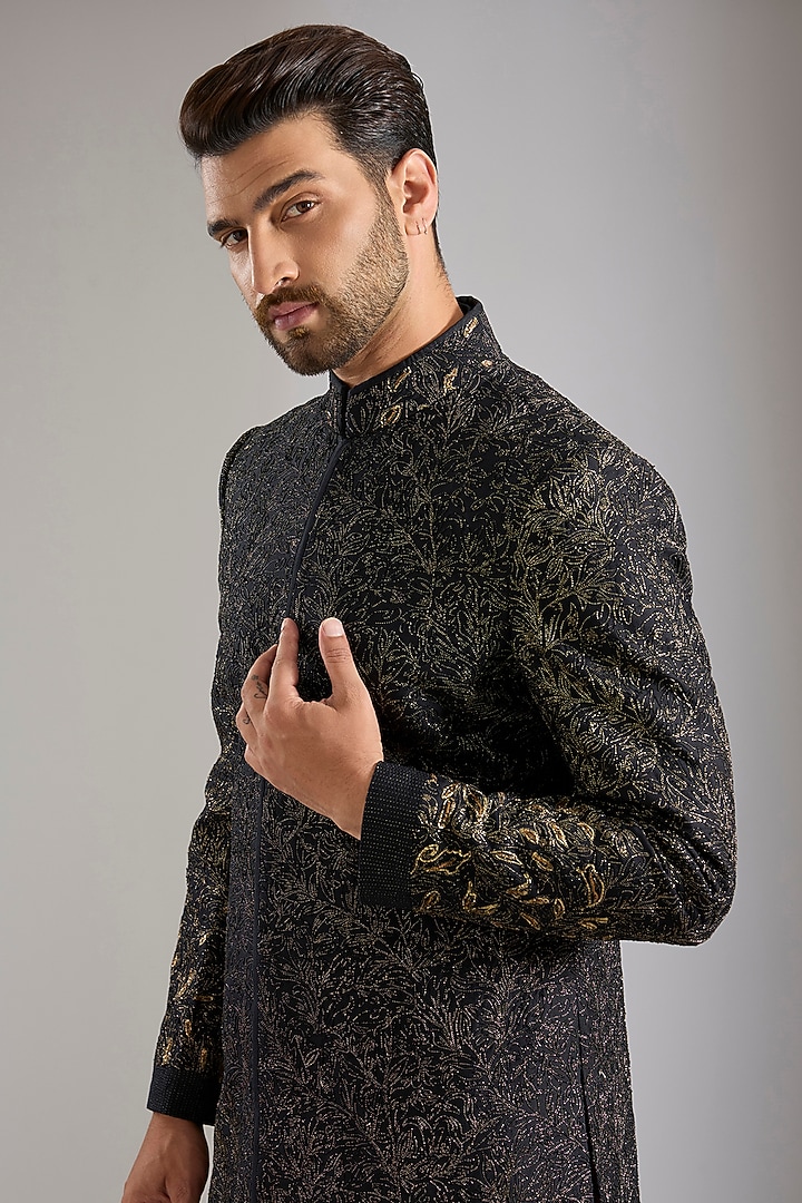 Black Silk Groom Indowestern Set by Samant Chauhan Men at Pernia's Pop Up Shop