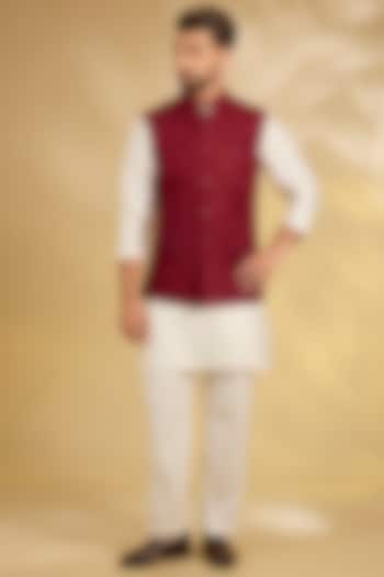 Red Silk Nehru Jacket Set by Samant Chauhan Men at Pernia's Pop Up Shop