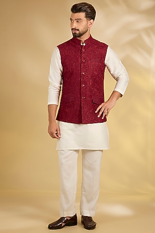 Red Silk Nehru Jacket Set by Samant Chauhan Men